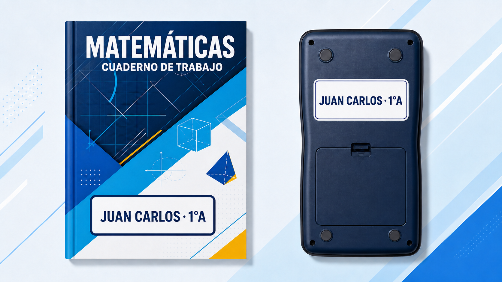 Libro de Matemáticas y parte posterior de una calculadora, ambos con el nombre del alumno integrado en su etiqueta