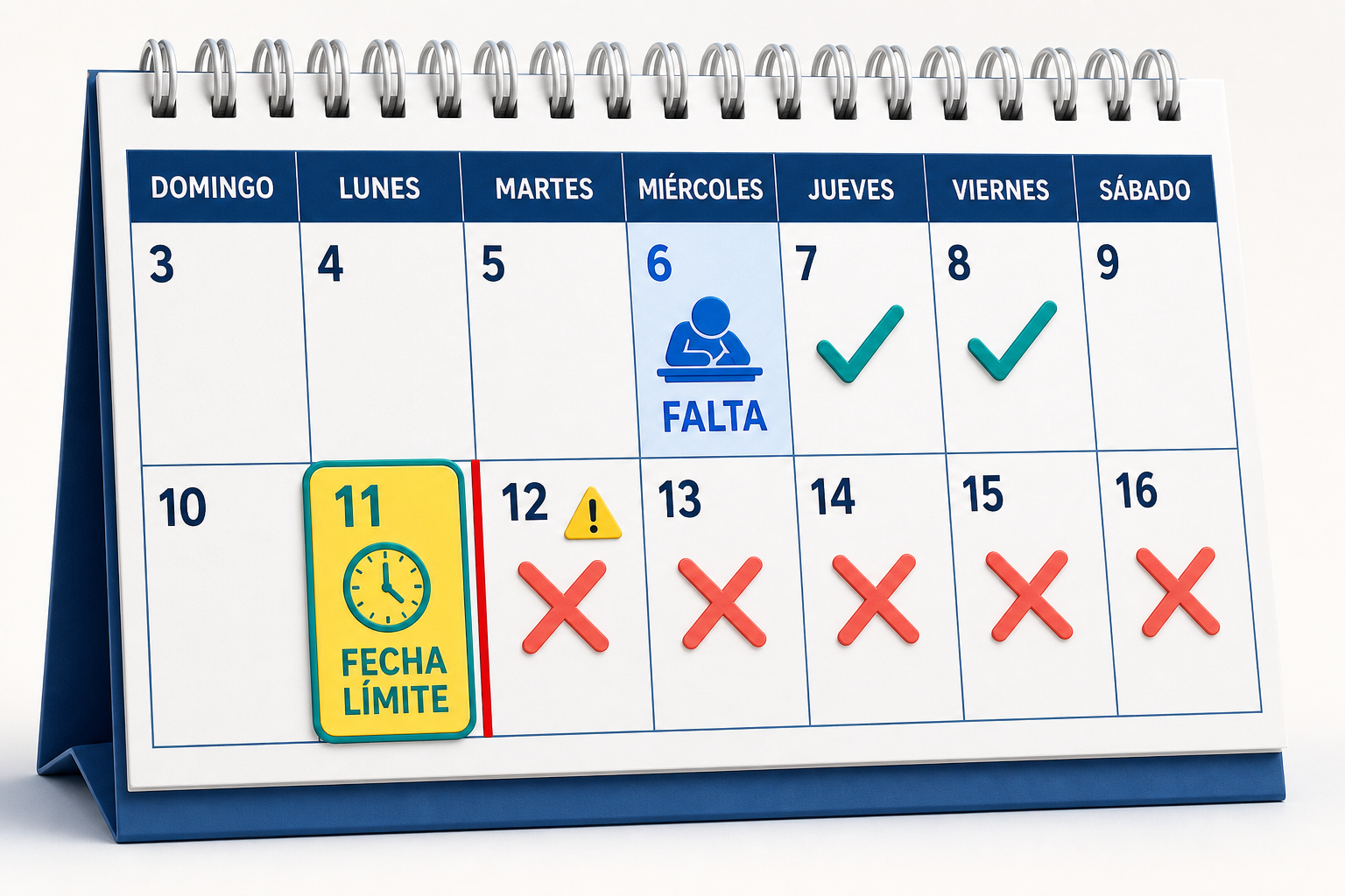 Calendario tradicional: ausencia el miércoles, trámite el jueves o viernes, lunes inmediato como fecha límite y martes fuera de plazo